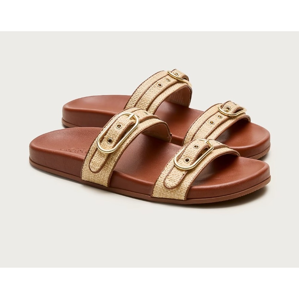 J.Crew Kira Raffia Double-Strap Buckle Slide Sandals Brown Tan Womens 7.5 NEW